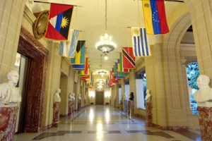 Hallway with flags of different countries.