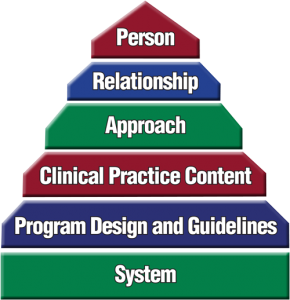 A pyramid with the words person, relationship, approach, clinical practice, program, guidelines, and system.